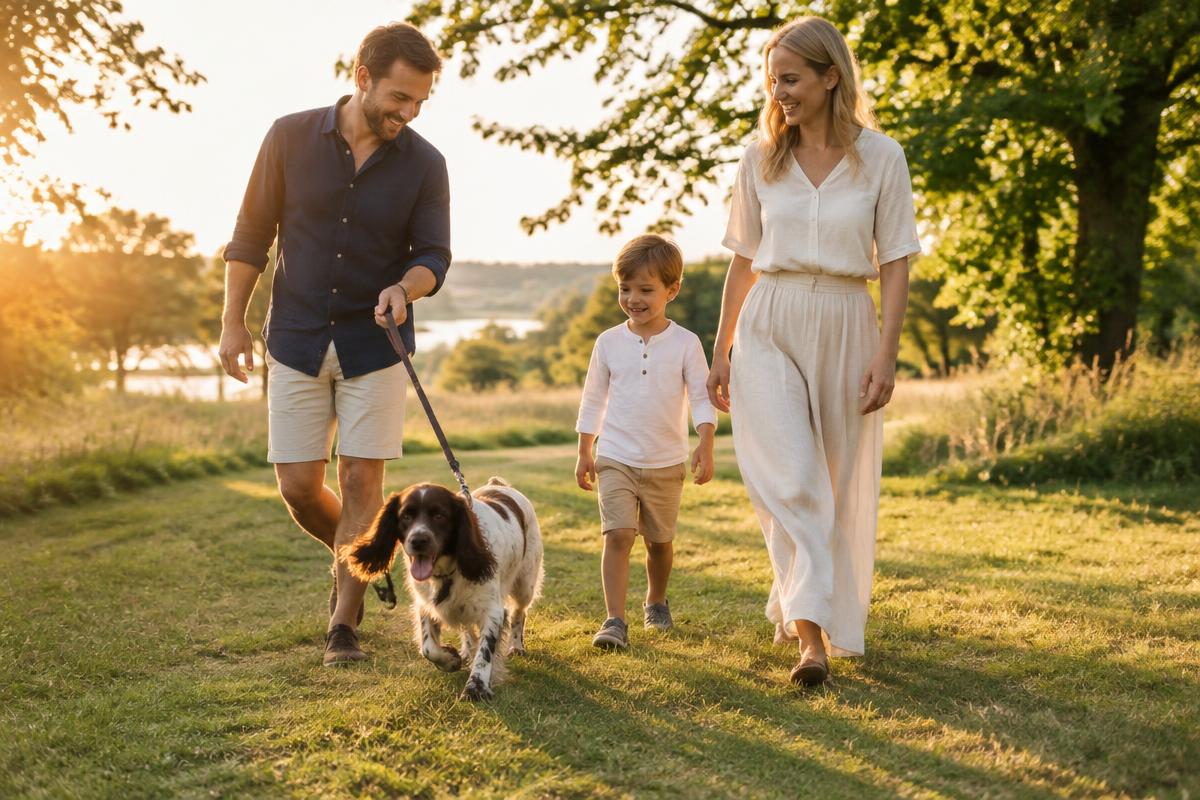 Family walking their spaniel in the park